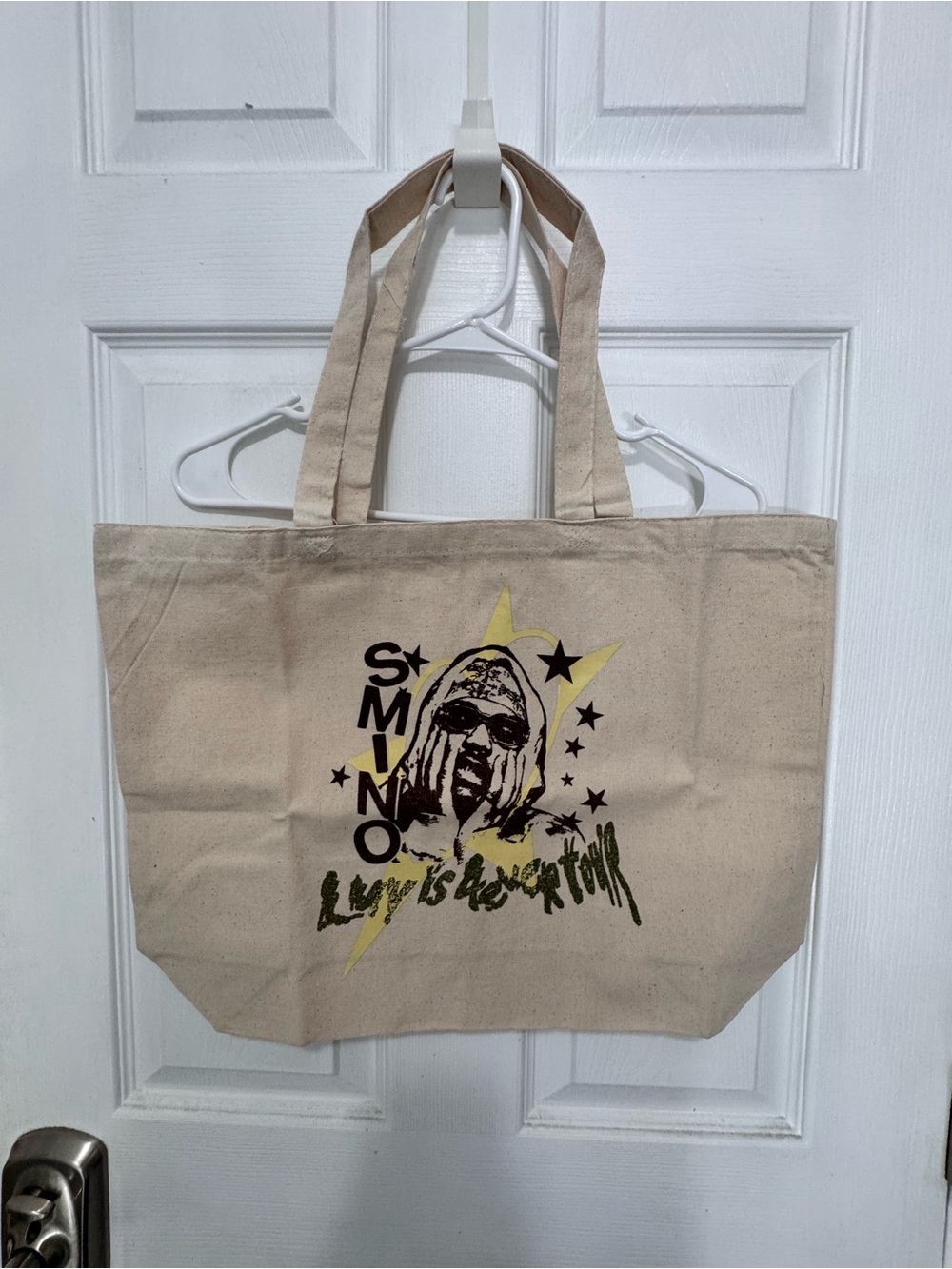 Canvas Graphic Tote Bag in Natural with Yellow Accent